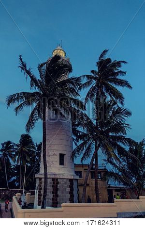 Beautiful evening view with lighthouse in old colonial fort Galle in Sri Lanka
