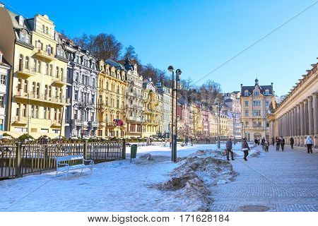 Karlovy Vary, Czekh Republic - February 15, 2017: Street view, houses and colonnade in famous spa town