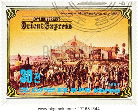 MOSCOW RUSSIA - February 13 2017: A stamp printed in North Korea shows Inauguration of the Paris-Roven railway line in 1843 series 