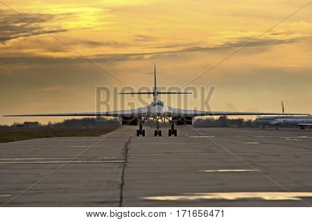Engels, Saratov Region, Russia - November 08,2012:  Routine busy day at the airbase. Flying of Tu-160 (a supersonic, variable-sweep wing heavy strategic bomber designed by the Tupolev Design Bureau in the Soviet Union)