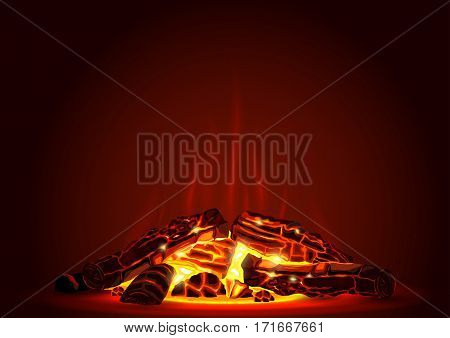 Smoldering campfire at night with red coals. Fire. Firewood in the fireplace. Vector graphics with transparency effect