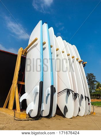 Weligama, Sri Lanka - January 12 2017: Set Of Different Color Surf Boards In A Stack By Ocean.weliga