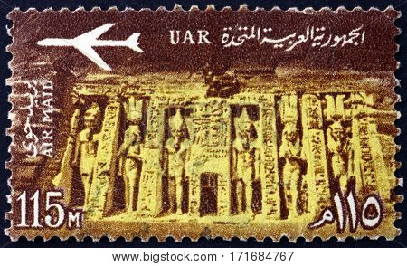 EGYPT - CIRCA 1963: a stamp printed in Egypt shows Temple of Queen Nefertari Meritmut the first of the Great Royal Wives of Ramsesses the Great Abu Simbel circa 1963