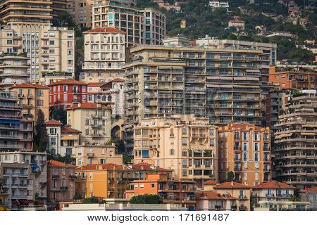 Monaco Monaco-Ville - November 4 2016: Densely populated residential district of Monaco. Monaco is the second smallest and the most densely populated country in the world.