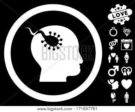Brain Parasite icon with bonus love symbols. Vector illustration style is flat iconic white symbols on black background.