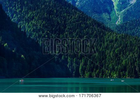 Mountain lake surrounded by pine trees - a beautiful place for rest relaxation