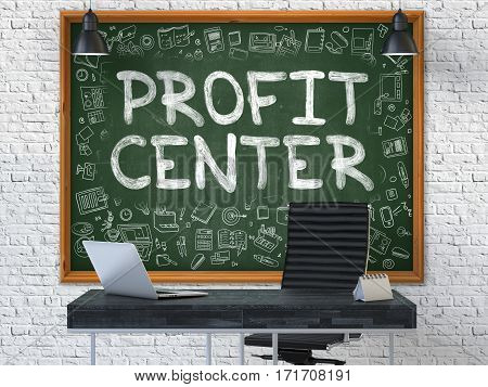 Green Chalkboard with the Text Profit Center Hangs on the White Brick Wall in the Interior of a Modern Office. Illustration with Doodle Style Elements. 3D.