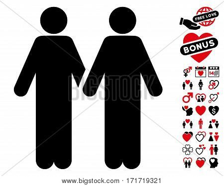Adult Friends icon with bonus decoration graphic icons. Vector illustration style is flat iconic intensive red and black symbols on white background.