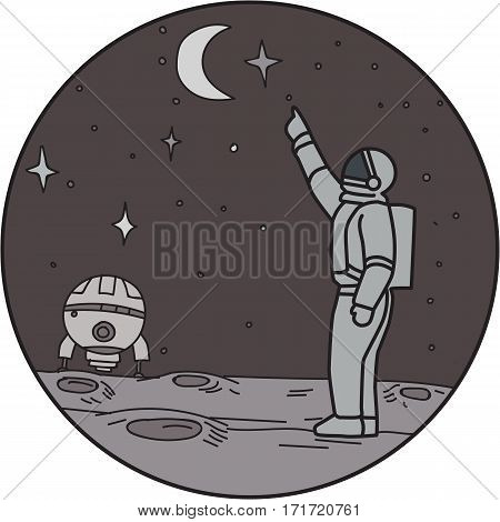 Mono line style illustration of an astronaut in outer space pointing up to the stars and moon with shuttle in the background set inside circle.