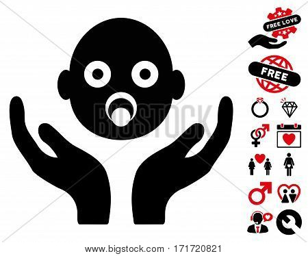 Baby Care Hands pictograph with bonus romantic graphic icons. Vector illustration style is flat iconic intensive red and black symbols on white background.