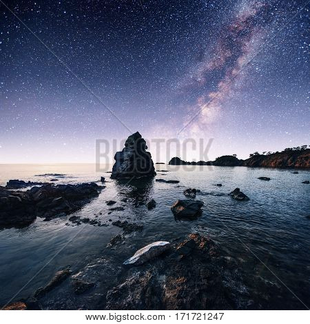 Fantastic panoramic view of the rocky coast of the sea. Dramatic and picturesque scene. Turkey.
