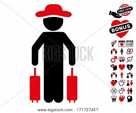 Gentleman Passenger pictograph with bonus decoration pictograph collection. Vector illustration style is flat iconic intensive red and black symbols on white background.