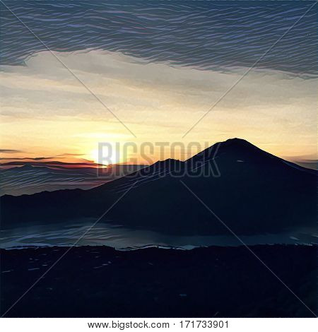 Sunrise in the mountains digital illustration. Rising sun in Bali island with fluffy clouds distant mountains and volcanic lake. Morning landscape. Natural background for print or web design