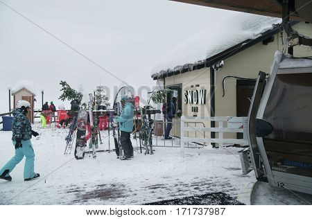 Sochi, Russia - January 21, 2017: Snow bar on the slope of the ski resort Gorky Gorod