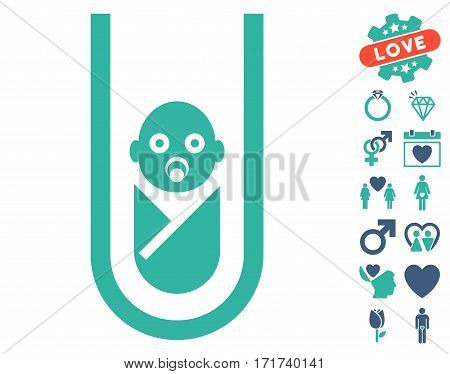 In Vitro Baby pictograph with bonus marriage pictures. Vector illustration style is flat iconic cobalt and cyan symbols on white background.
