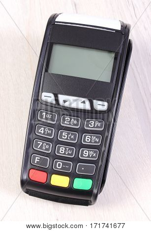 Payment Terminal, Credit Card Reader On Wooden Background, Cashless Paying For Shopping, Finance Con