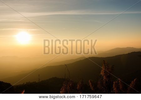 beautiful color sunset at mountain Khun Chang Khian Chiang Mai Thailand