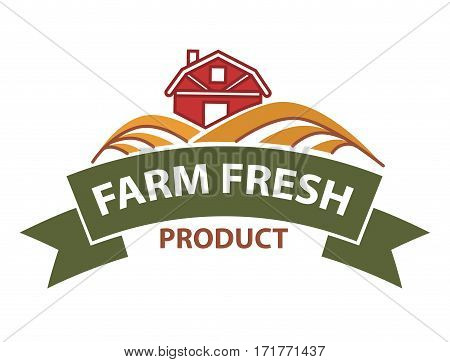 Farm harvest field and farmer house vector logo ribbon for agriculture products label, bread bakery, vegetable or butchery meat store or market sign