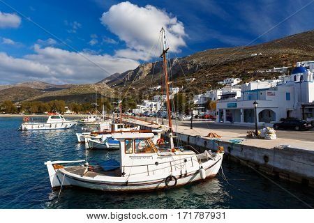 AEGIALI, GREECE - FEBRUARY 01, 2017: Aegiali village as seen from the port, Amorgos island on February 01, 2017.