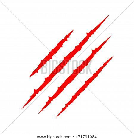 Red bloody claws animal scratch scrape track. Cat paw print. Four nails trace. Funny design element. Flat. Isolated. White background. Vector illustration