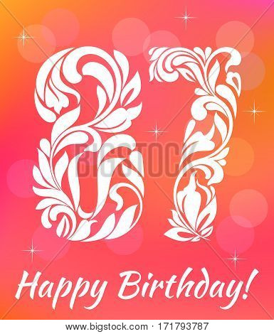 Bright Greeting card Template. Celebrating 87 years birthday. Decorative Font with swirls and floral elements.