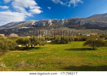 View of the Aegiali village across a valley, Amorgos island.