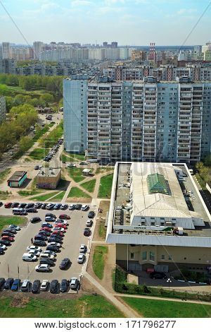 BALASHIKHA/ RUSSIA - APRIL 29. Aerial view of the modern and old residential district in city Balashikha on April 29, 2014. Moscow region, Russia