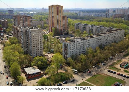 BALASHIKHA/ RUSSIA - APRIL 29. Aerial view of the modern and old residential district in city Balashikha on April 29, 2014 in Moscow region, Russia.