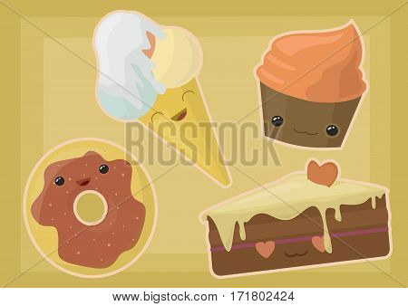 vector illustration cheerful and sweet candy, sweet set of ice cream, donuts, cake and a piece of cake