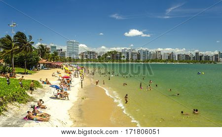 VITORIA BRAZIL - DECEMBER 27th 2016 ; Tourists on a crowded Jurema curve beach in Vitoria capital of Espirito Santo state Brazil.
