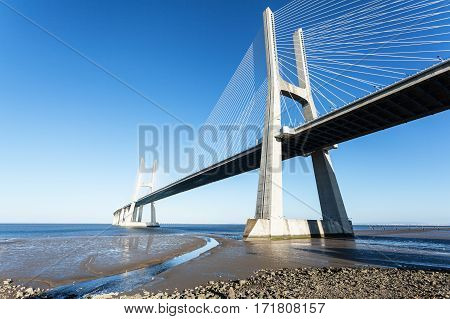 Vasco da Gama bridge in Lisbon, Portugal. Photo afternoon on a sunny day