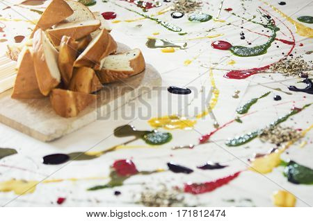 appetizer - bread with differnet colorful sauces