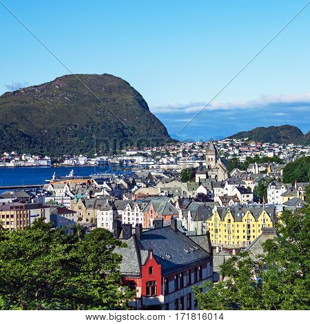 View on Norwegian town Alesund from Aksla mountain.