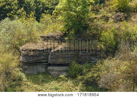 Rock of limestone in the forest in Moldova