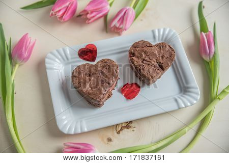 Heart Shaped chocolate Brownie on a plate