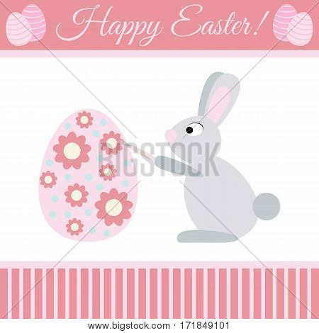 Cute cartoon bunny paints egg. Card to Easter