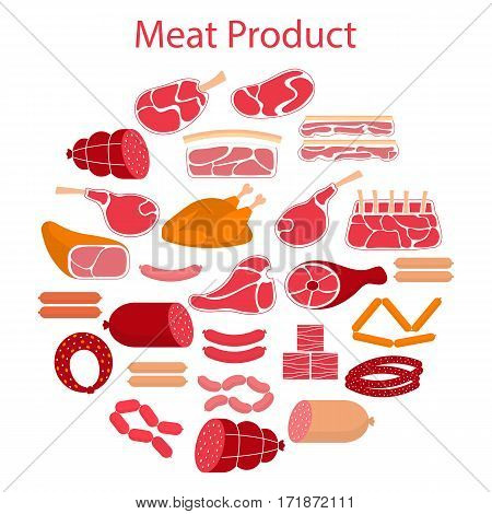 Vector flat illustration with different kinds of meat beef steak, lamb chop, pork, chicken and sausages, isolated on white background.