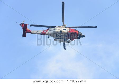 Fairhaven Massachusetts USA - October 6 2012: U. S. Coast Guard MH-60 Jayhawk search and recovery helicopter