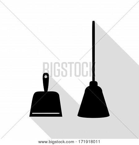 Dustpan vector sign. Scoop for cleaning garbage housework dustpan equipment. Black icon with flat style shadow path.
