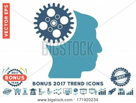 Cyan And Blue Head Gearwheel icon with bonus 2017 year trend pictograms. Vector illustration style is flat iconic bicolor symbols white background.