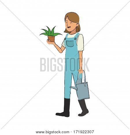 gardener woman with a plant in a pot over white background. colorful design. vector illustration