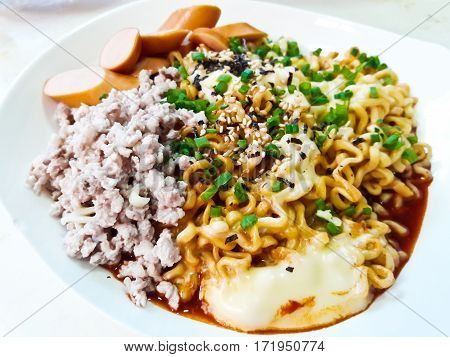 Korean spicy noodles (Ramyun) in Korean Style
