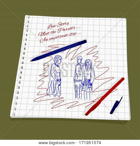 Love Story - Meet the Parents. Vector illustration man introduces his girlfriend to his mother. Cute Romantic simple drawing a red and blue ballpoint pen on squared paper - loving couple stand in front of an adult woman