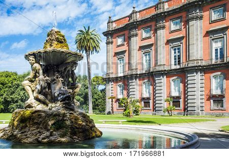Italy Naples the Capodimonte royal palace seen from the park with the fountain