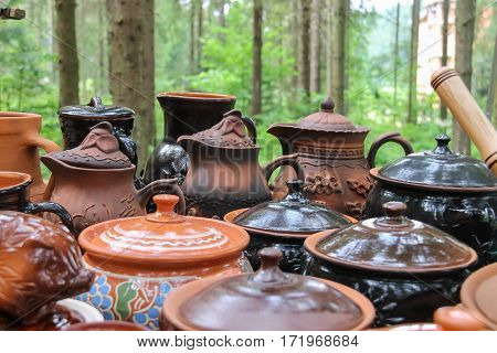 Schodnica Ukraine - June 30 2014: Old style ukrainian souvenir pottery in the market