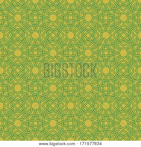 Clover Seamless Pattern In Celtic Style. St. Patrick's Day Endless Repeat Backdrop In Green Shades, 