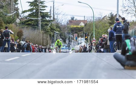 Conflans-Sainte-HonorineFrance-March 62016: The Dutch cyclist Wouter Wippert of Cannondale Team riding during the prologue stage of Paris-Nice 2016.