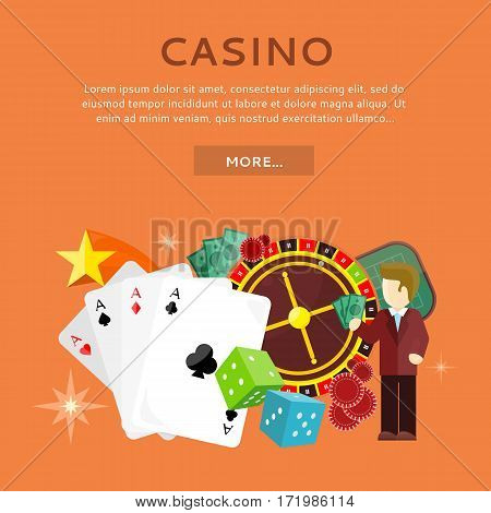 Casino gambling website template. European roulette wheel, chips, croupier, craps dice and playing cards on orange background. Banner for online casino. Vector illustration. Casino background