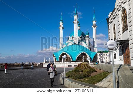Kazan, Russia - October 17, 2018: Minarets Of The Mosque Against The Blue Sky