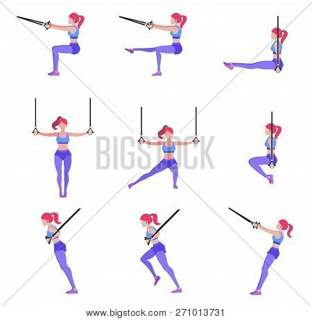 Set Of Woman Doing Different Exercises With Gymnastic Rings Trx